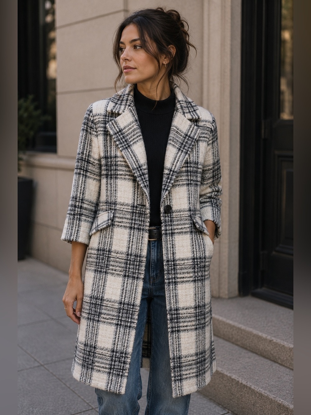 Dex Black and Cream White Plaid Trench Pea Coat Size S Cozy Winter